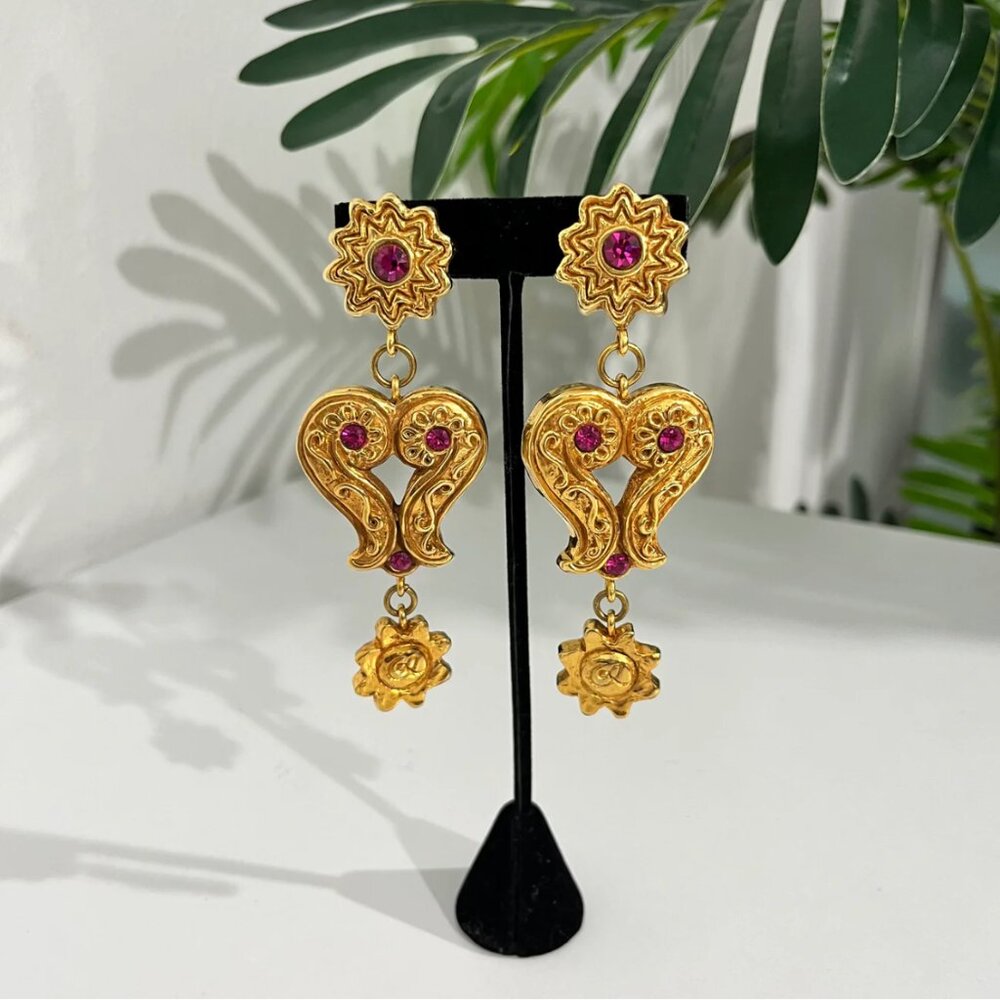 Christian Lacroix Vintage Sun Star Heart Drop Clip On Earrings